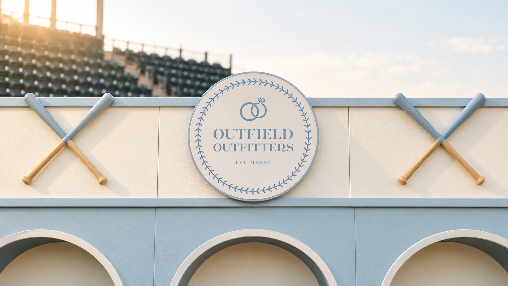 Outfield Outfitters crest with crossed bats