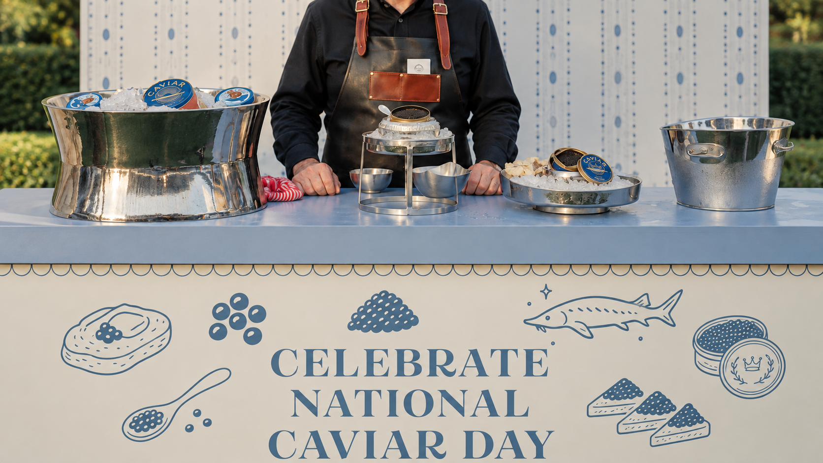 Caviar station with illustrated cream and blue graphics