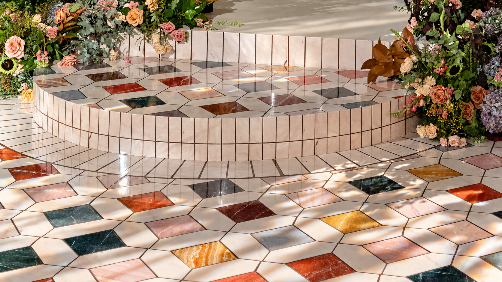 Inlaid marble dance floor edged with garden roses and dahlias
