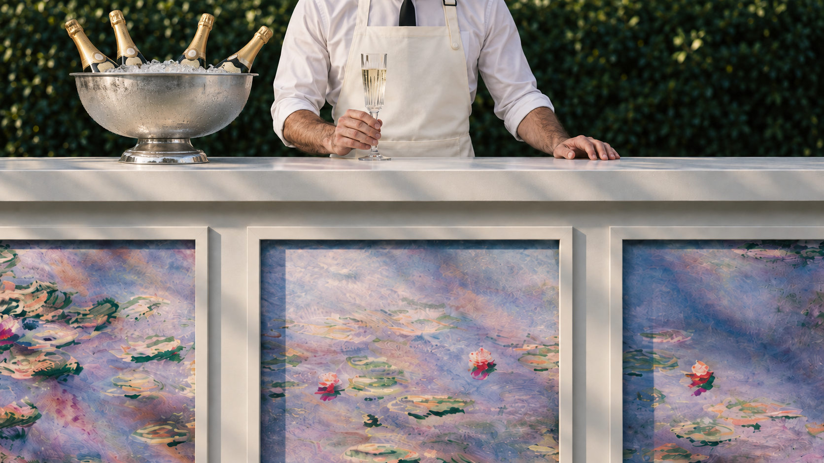Champagne service at a painted water-lily bar
