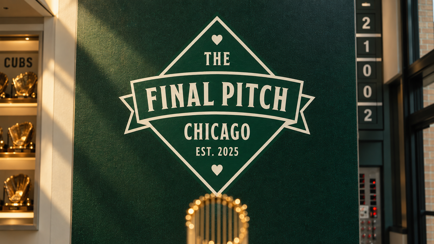 Painted Final Pitch Chicago crest on a deep green wall