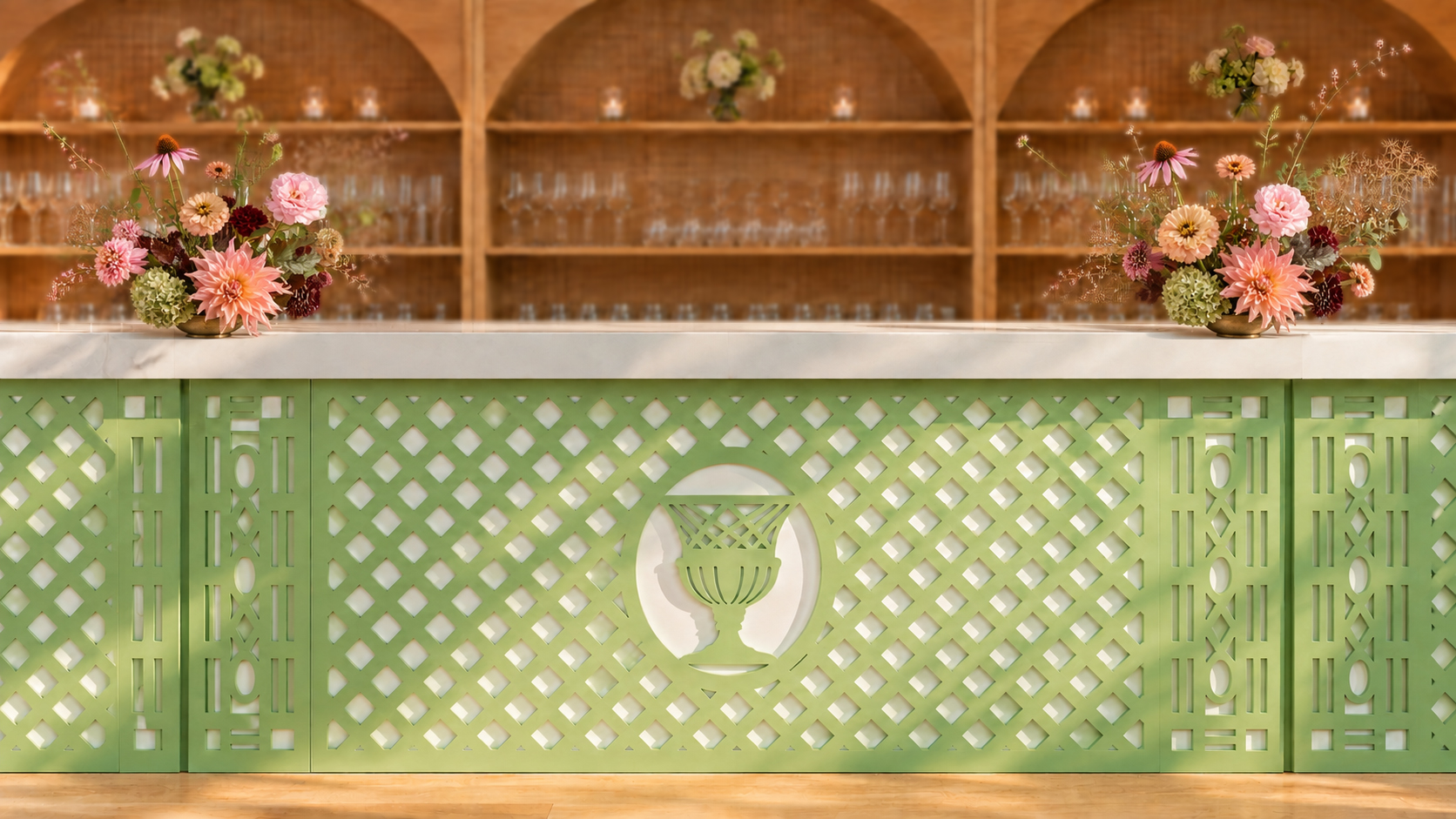 Pale green lattice bar with marble top and seasonal florals