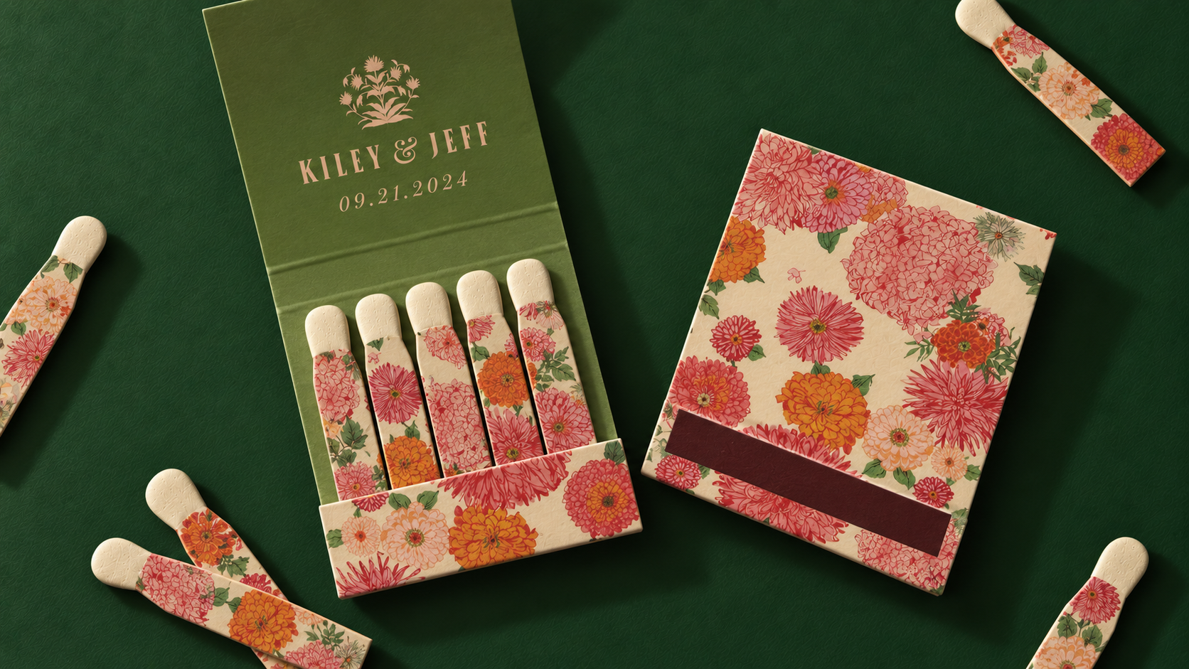 Custom floral matchbooks on a deep green ground